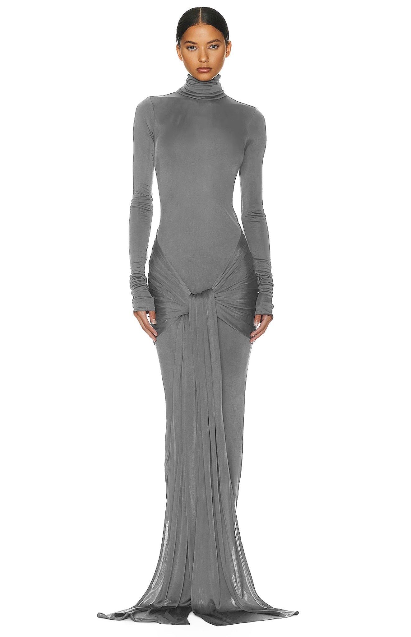 Bodycon sukienka maxi z golfem i siateczkowym wiązaniem