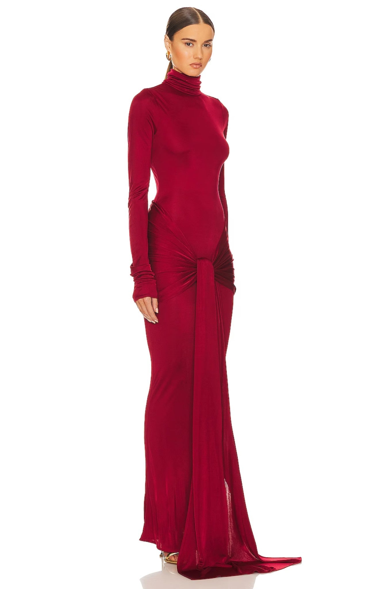 Bodycon sukienka maxi z golfem i siateczkowym wiązaniem