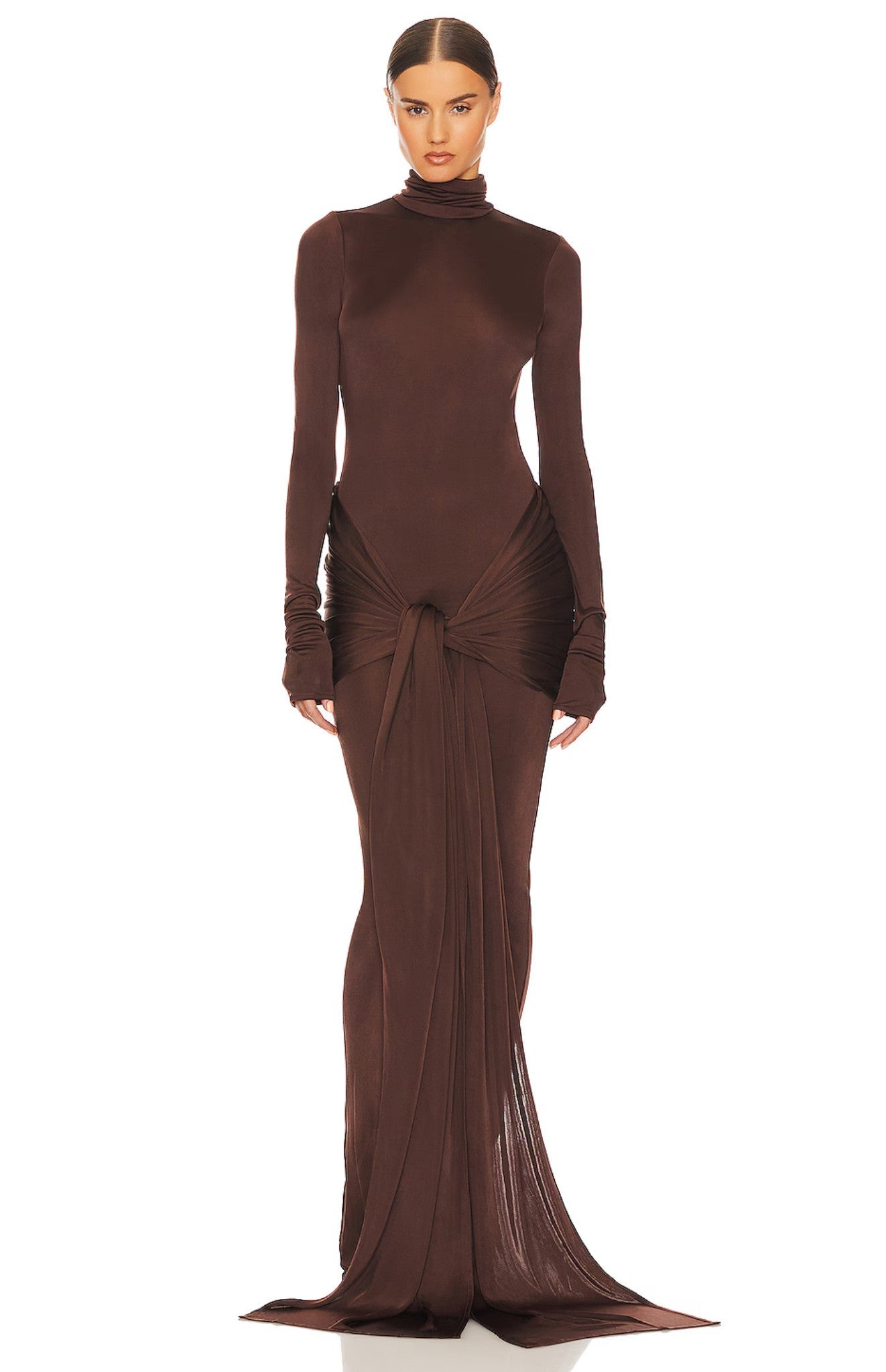 Bodycon sukienka maxi z golfem i siateczkowym wiązaniem
